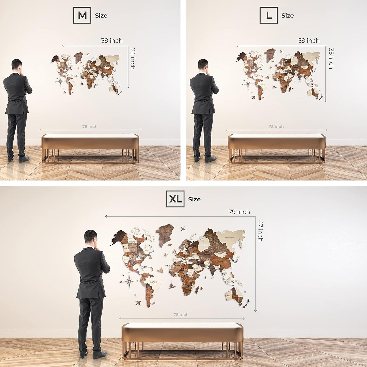 Handmade 3D Wood World Map Wall Art Large Wall Decor Track Your World Travels - Special For Home, Kitchen And Office (Medium, Cappuccino)
