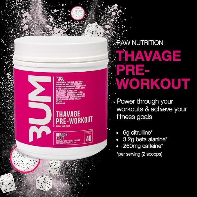 RAW Pre Workout Powder, Thavage (Dragon Fruit) - Chris Bumstead Sports Nutrition Supplement for Men & Women - Cbum Pre Workout for Working Out, Hydration, Mental Focus & Energy - 40 Servings