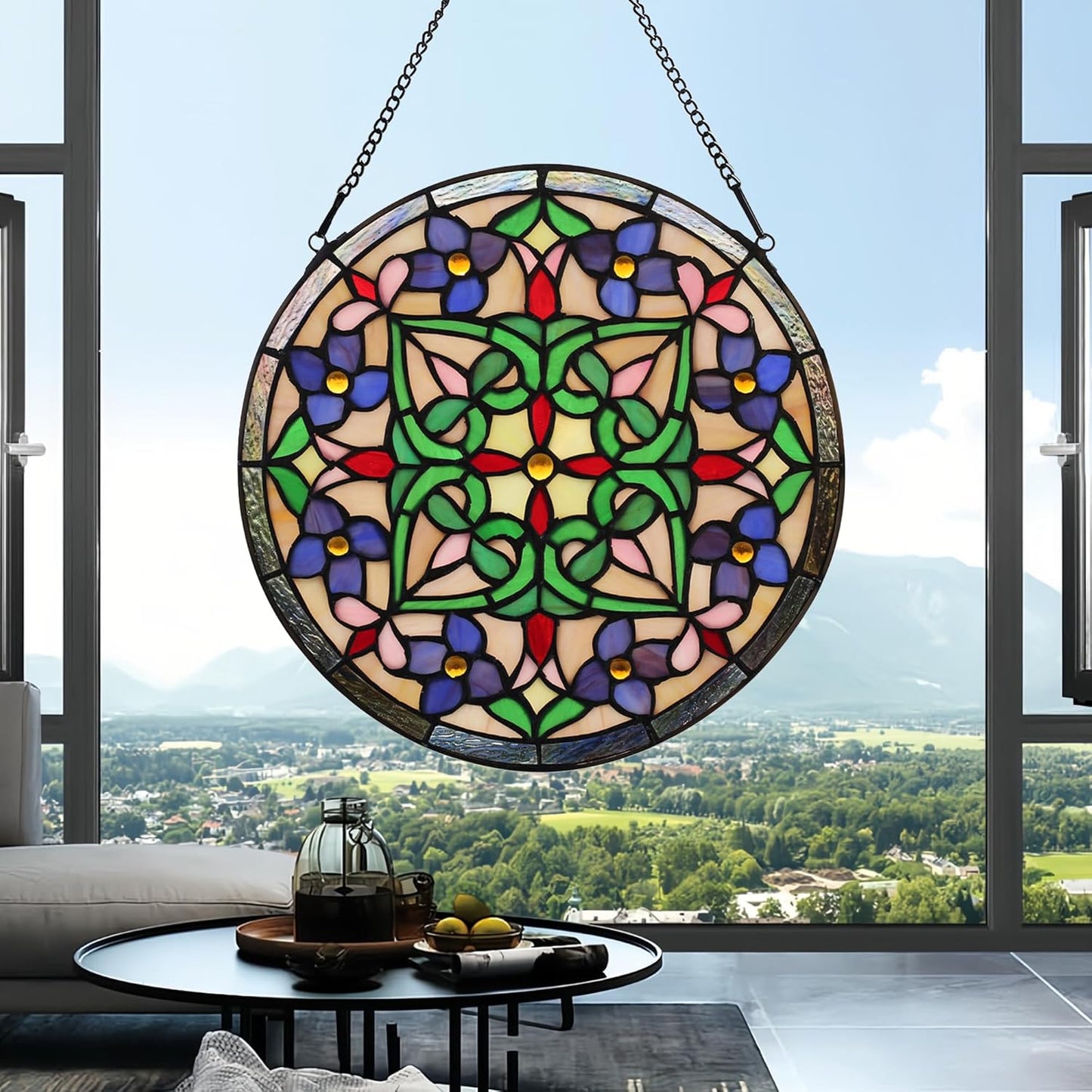Handcrafted Stained Glass Window Panel - 12-Inch Round Floral Design with Vibrant Colors, Elegant Decorative Hanging Art for Home Décor, Includes 20-Inch Chain & Hook (Green Flower)