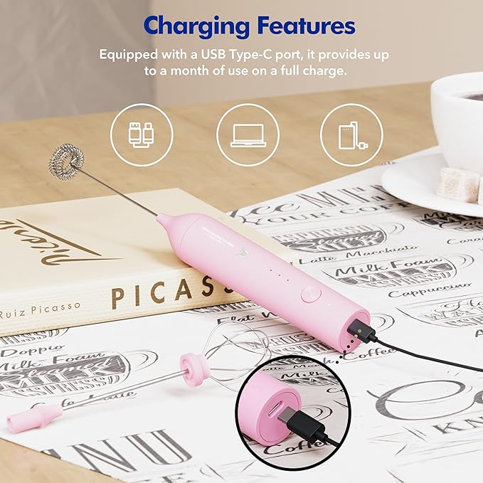 Rechargeable Milk Frother Wand with Stand, Foam Maker with Stainless Whisk, 3-Speeds Electric Handheld Drink Mixer for Coffee, Cappuccino, Latte, Matcha, Hot Chocolate (Pink)
