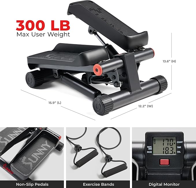 Sunny Health & Fitness Mini Stepper for Exercise at Home, Stair Step Workout Machine with Resistance Band, Fullbody Cardio, Upgraded Over 300lb Weight Capacity, Optional Free SunnyFit App Connection