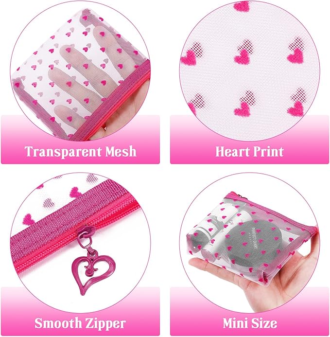6 Pack Mini Zipper Mesh Makeup Bags, Heart Print Nylon Cosmetic Bags Toiletry Bags for Office Travel Organization (Widened-Hot Pink, S)