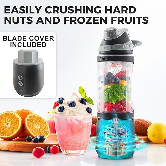 Portable Blender for Smoothies and Shakes, Anti-Jamming, 24oz USB-C Rechargeable, BPA-Free, Electric Protein Shaker Bottle with Travel Lid for Kitchen, Gym & Office.(Black Base Yellow Lid)
