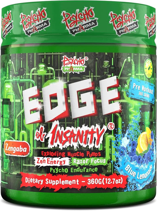 Psycho Pharma Strongest High Stim Preworkout Powder - Edge of Insanity - Most Intense Pre Workout Supplement for Pumps, Strength, Energy and Feel Good Focus. Rivals Famous PWOs of The Past
