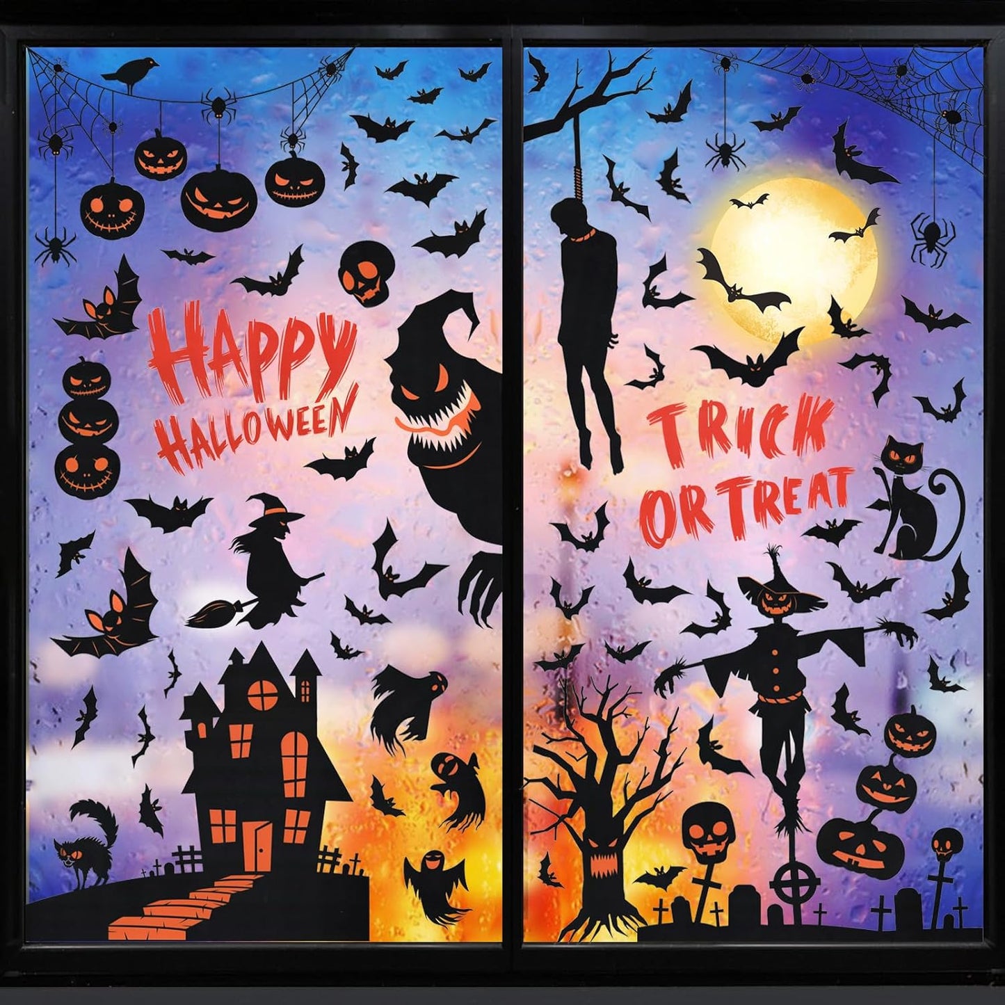 Halloween Window Clings, 9 Sheets Halloween Window Decorations Stickers Double-Sided Window Decal Scary Black Bat Ghosts Stickers,Happy Halloween Window Clings for Halloween Party Decoration
