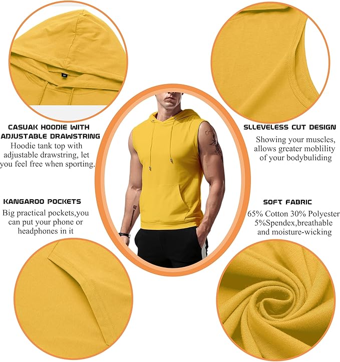 Babioboa Men's Workout Hooded Tank Tops Sleeveless Gym Hoodies Bodybuilding Muscle Cut Off T-Shirts