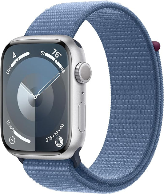 Apple Watch Series 9 [GPS 45mm] Smartwatch with Silver Aluminum Case with Winter Blue Sport Loop One Size. Fitness Tracker, ECG Apps, Always-On Retina Display, Carbon Neutral