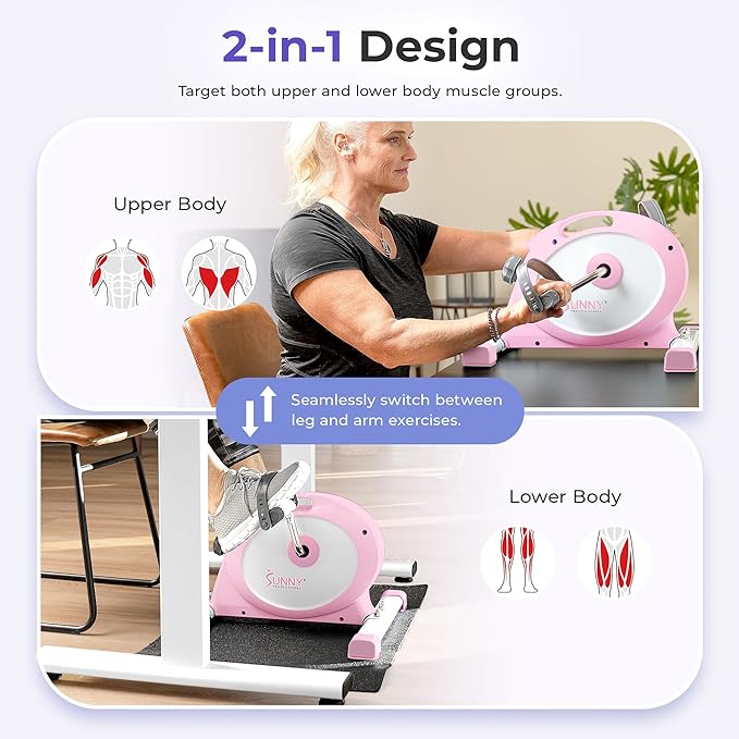 Sunny Health & Fitness Smart Mini Pedal Exerciser, Under Desk Bike/Elliptical for Home Workout & Cycle Cardio Training, Free SunnyFit App Link, Optional in Color, Mat/Workout Bands or Steel Stabilizer