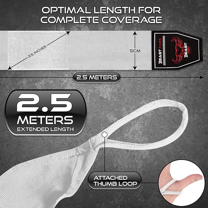 BEAST RAGE Boxing Hand Wraps 4.5 Meter Martial Arts Bandages Inner Gloves Wrist Support Straps Punching Under Hand Knuckles Heavy Elasticated Training Bag Mitts Muay Thai