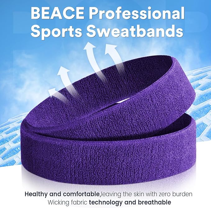 BEACE Sweatbands Sports Headband for Men & Women - Moisture Wicking Athletic Cotton Terry Cloth Sweatband for Tennis, Basketball, Running, Gym, Working Out