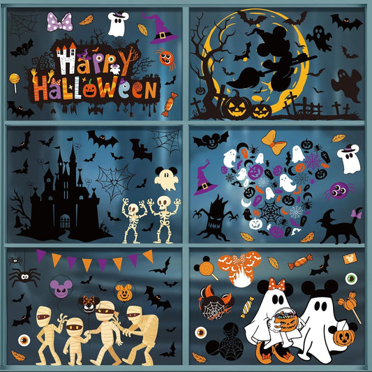Halloween Window Clings - 9 Sheets 129 Pcs Cute Happy Halloween Window Decorations Indoor for Home Party Eyes Pumpkin Ghost Bats Stickers for Glass Double-Sided Removable Static Glass Decals