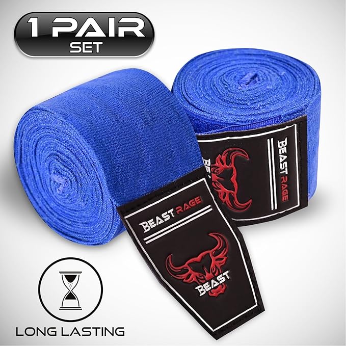 BEAST RAGE Boxing Hand Wraps 4.5 Meter Martial Arts Bandages Inner Gloves Wrist Support Straps Punching Under Hand Knuckles Heavy Elasticated Training Bag Mitts Muay Thai