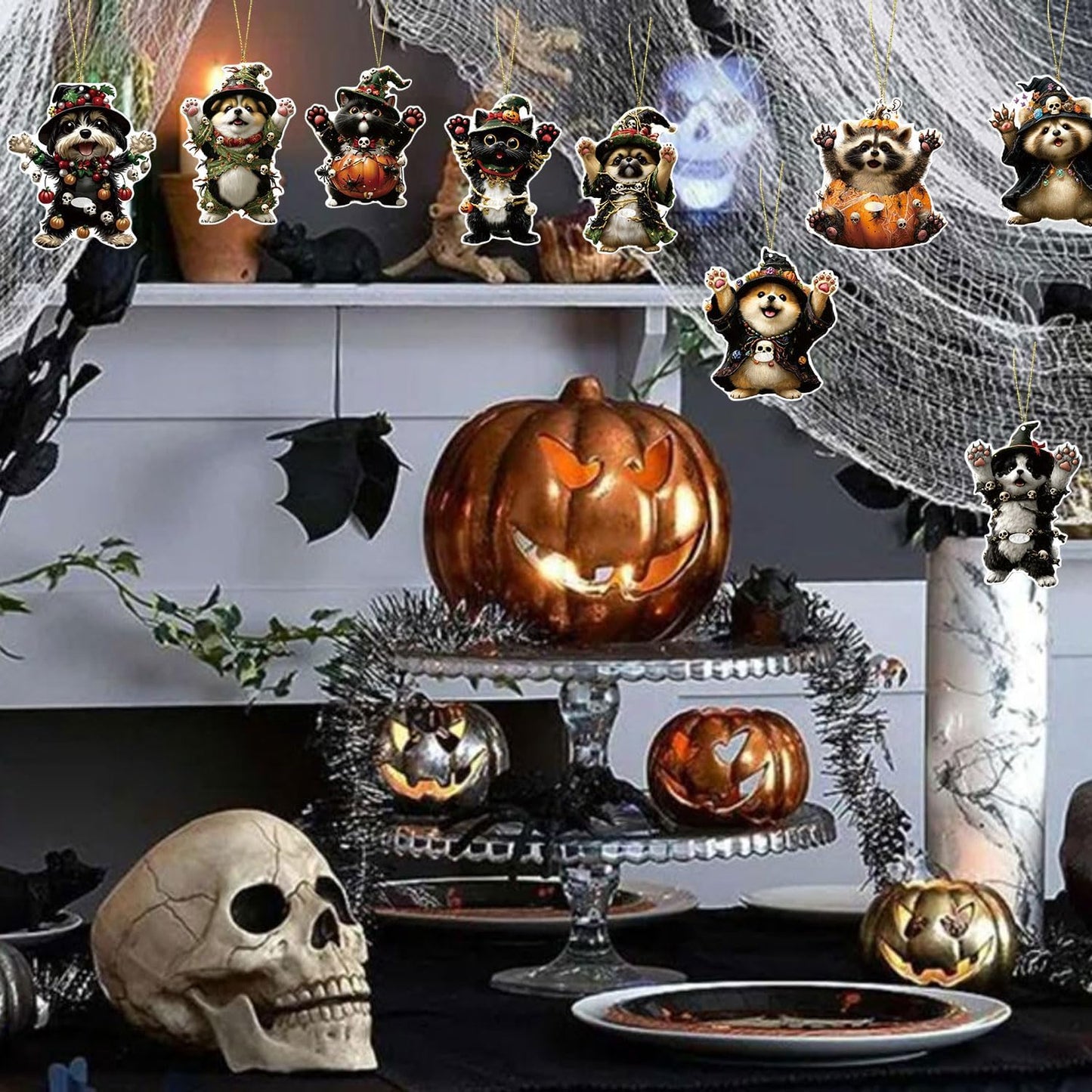 Halloween Tree Decoration,9 Pcs Funny Raccoon Acrylic Pendant, Terror Cartoon Animal Halloween Accessories, Funny Cartoon Christmas Tree Hanging Ornaments for Indoor Outdoo