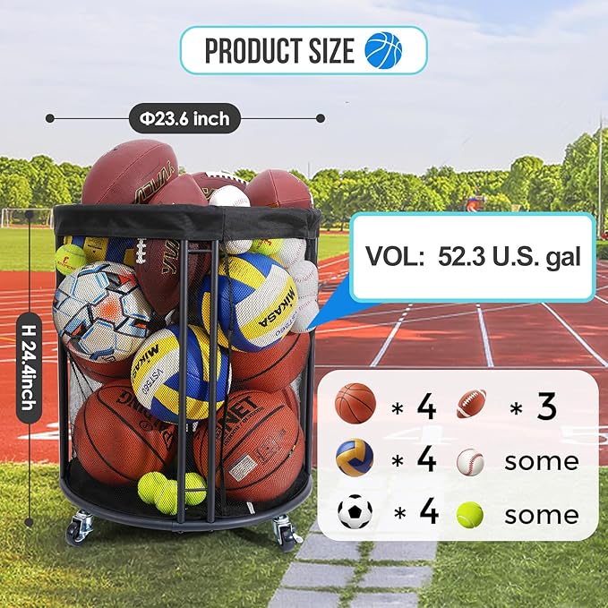Ball Storage Bin for Garage, Balls Holder for Soccer, Basketball, Ball Cart, Rolling Basketball Rack for Outdoor, Indoor