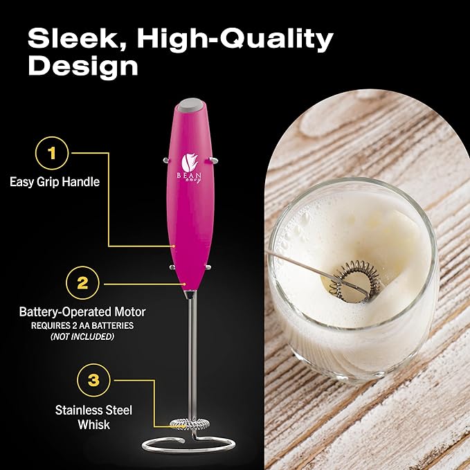 Bean Envy Milk Frother Handheld for Coffee - Electric Hand Blender, Mini Drink Mixer Whisk & Coffee Foamer Wand with Stand for Lattes, Cappuccino, Matcha and Hot Chocolate - Kitchen Gifts - Raspberry