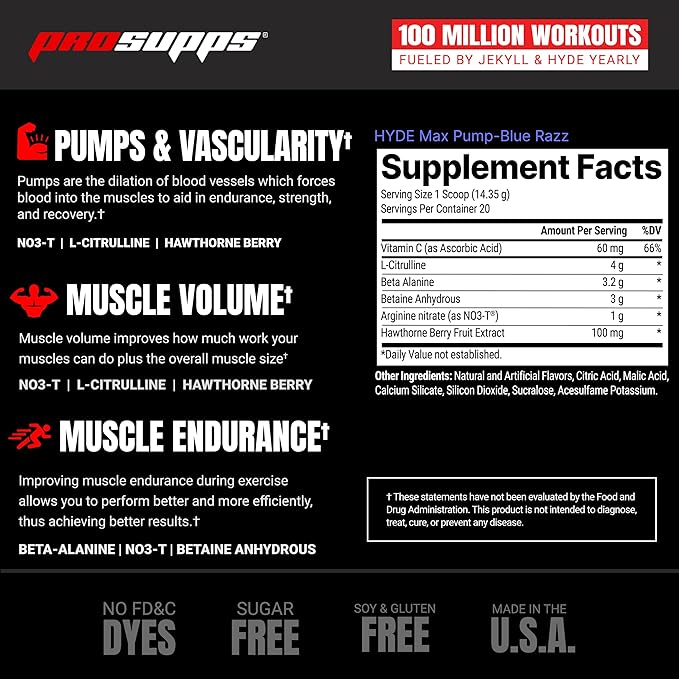 PROSUPPS Mr. Hyde Max Pump Pre Workout Powder - Stim-Free Preworkout Supports Blood Flow, Muscle Volume & Endurance - Caffeine-Free Nitric Oxide Gym & Fitness Supplements (Blue Razz, 20 Servings)
