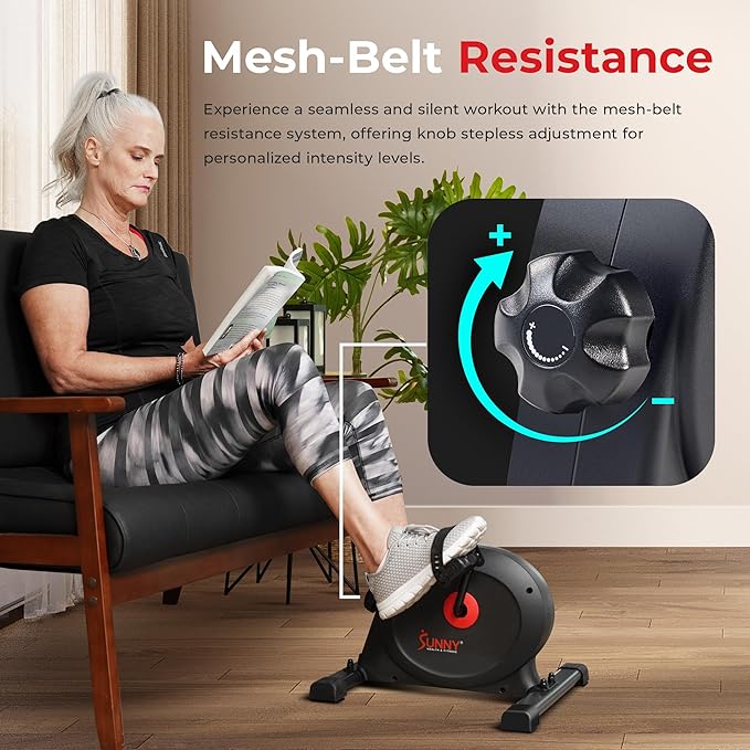 Sunny Health & Fitness Smart Mini Pedal Exerciser, Under Desk Bike/Elliptical for Home Workout & Cycle Cardio Training, Free SunnyFit App Link, Optional in Color, Mat/Workout Bands or Steel Stabilizer