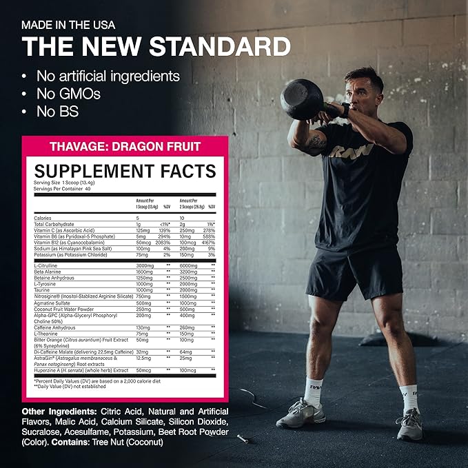 RAW Pre Workout Powder, Thavage (Dragon Fruit) - Chris Bumstead Sports Nutrition Supplement for Men & Women - Cbum Pre Workout for Working Out, Hydration, Mental Focus & Energy - 40 Servings