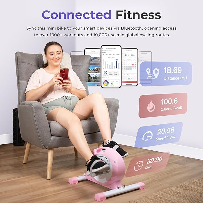 Sunny Health & Fitness Smart Mini Pedal Exerciser, Under Desk Bike/Elliptical for Home Workout & Cycle Cardio Training, Free SunnyFit App Link, Optional in Color, Mat/Workout Bands or Steel Stabilizer