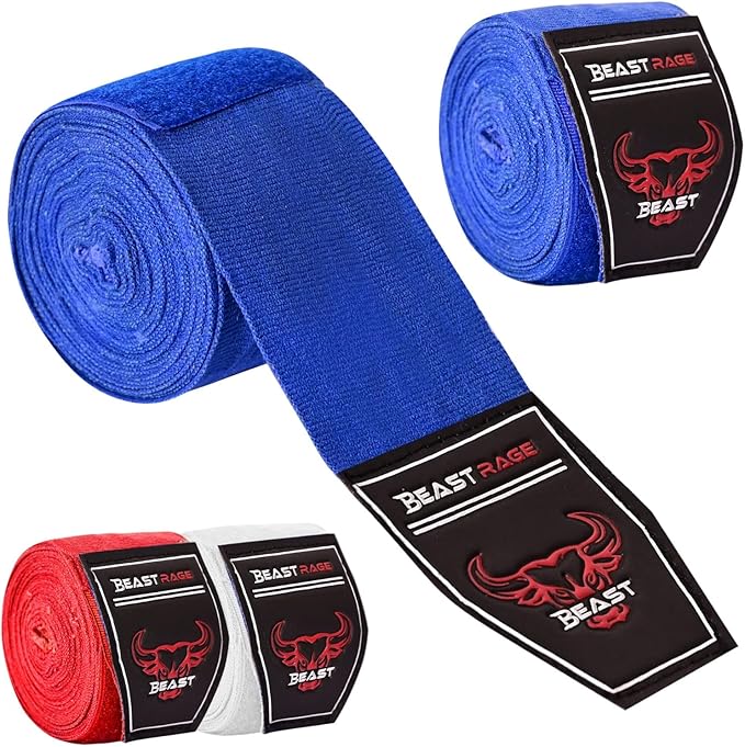 BEAST RAGE Boxing Hand Wraps 4.5 Meter Martial Arts Bandages Inner Gloves Wrist Support Straps Punching Under Hand Knuckles Heavy Elasticated Training Bag Mitts Muay Thai