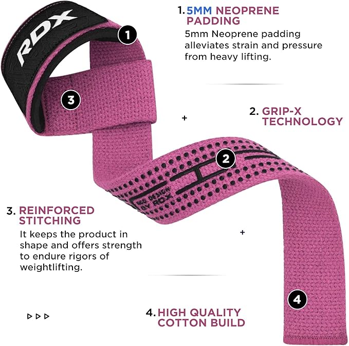 RDX Weight Lifting Straps Deadlifting Powerlifting, 5MM Neoprene Wrist Support, Anti Slip 60CM Hand Bar Grip, Heavy Duty Bodybuilding Weightlifting Workout, Soft Cotton, Strength Training Gym Fitness