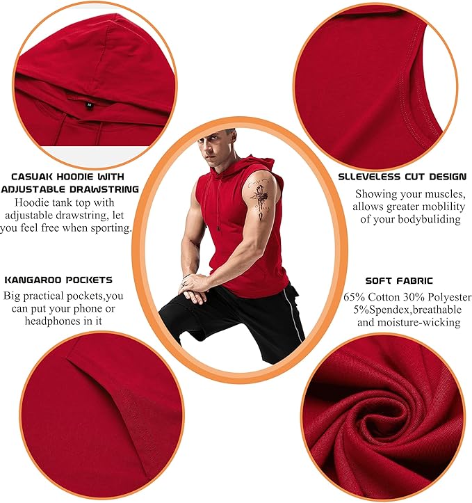 Babioboa Men's Workout Hooded Tank Tops Sleeveless Gym Hoodies Bodybuilding Muscle Cut Off T-Shirts