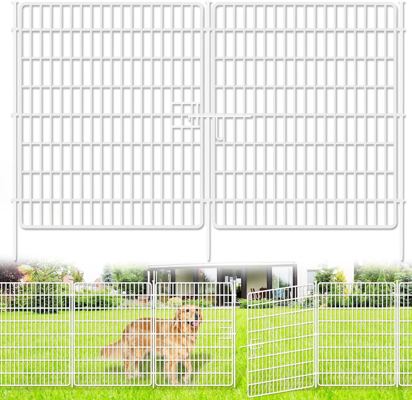 10 Panels No Dig Fence with Gate, 32 in(H) X 24 ft(L) Garden Decorative Fence Animal Barrier for Dogs, Rustproof Metal Garden Edging Border for Outdoor, Yard, Patio, White