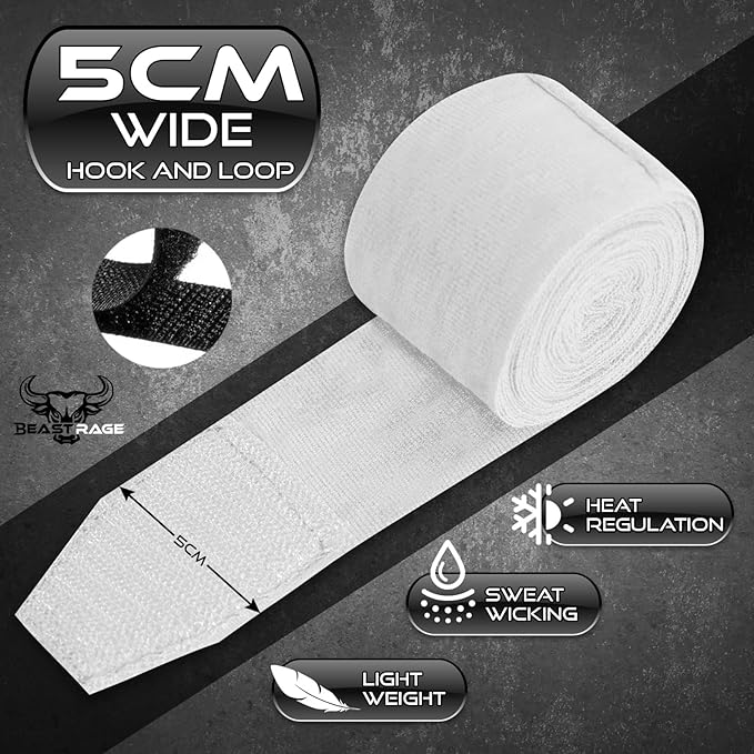 BEAST RAGE Boxing Hand Wraps 4.5 Meter Martial Arts Bandages Inner Gloves Wrist Support Straps Punching Under Hand Knuckles Heavy Elasticated Training Bag Mitts Muay Thai