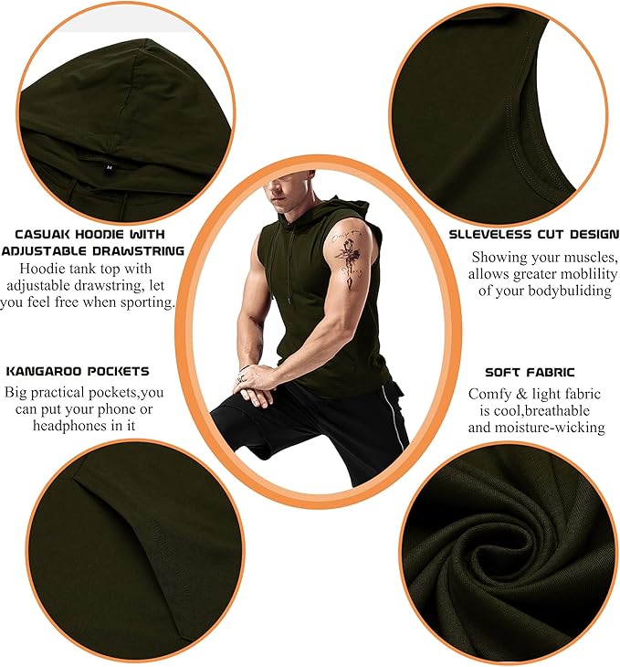 Babioboa Men's Workout Hooded Tank Tops Sleeveless Gym Hoodies Bodybuilding Muscle Cut Off T-Shirts