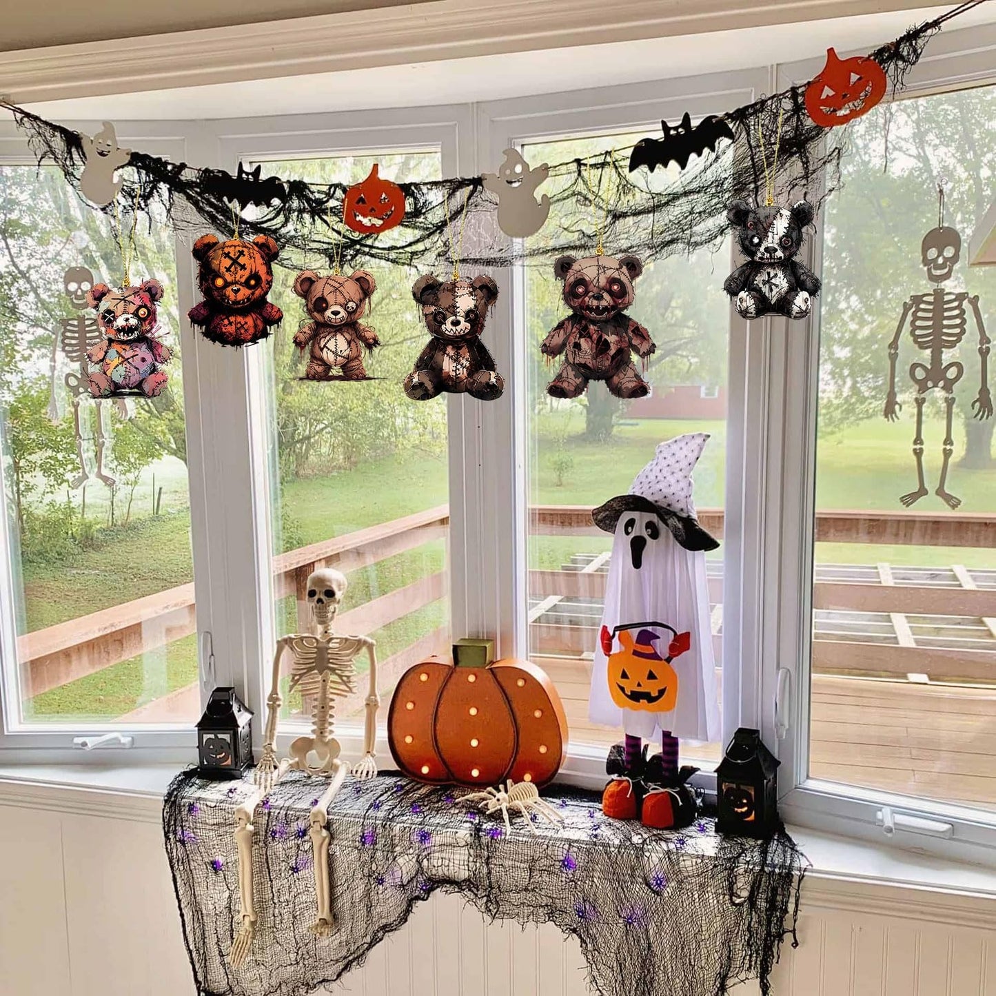 Halloween Tree Decoration, 6 Pcs Cute Acrylic Pendant, Terror Cartoon Bear Halloween Accessories, Funny Cartoon Christmas Tree Ornaments for Mini Decorations Indoor Outdoo