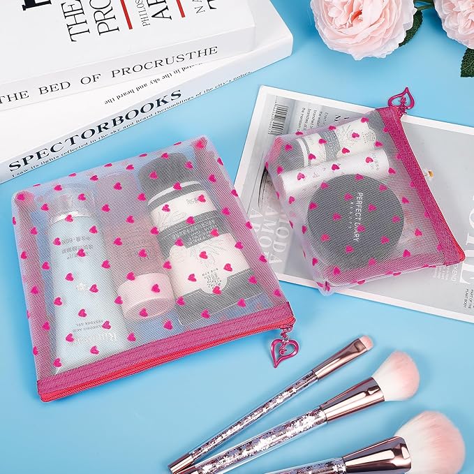 6 Pack Mini Zipper Mesh Makeup Bags, Heart Print Nylon Cosmetic Bags Toiletry Bags for Office Travel Organization (Widened-Hot Pink, S)
