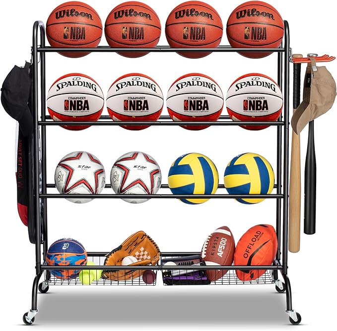 Basketball Rack, Rolling Basketball Shooting Training Stand,Sports Equipment Storage with Wheels, Four-Layer Organizer Holder with Two Basket for Basketballs Footballs Volleyball