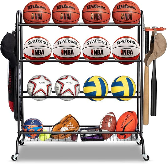 Basketball Rack, Rolling Basketball Shooting Training Stand,Sports Equipment Storage with Wheels, Four-Layer Organizer Holder with Two Basket for Basketballs Footballs Volleyball