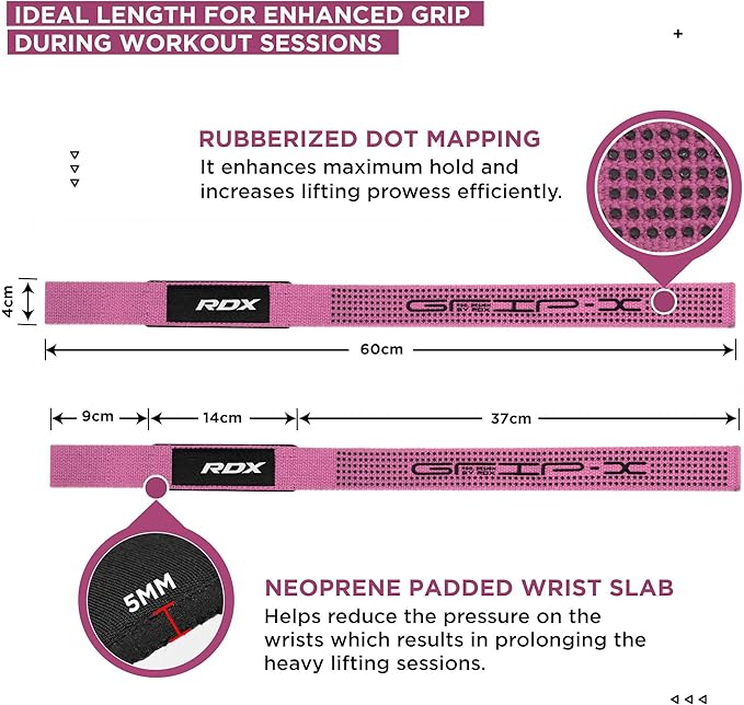 RDX Weight Lifting Straps Deadlifting Powerlifting, 5MM Neoprene Wrist Support, Anti Slip 60CM Hand Bar Grip, Heavy Duty Bodybuilding Weightlifting Workout, Soft Cotton, Strength Training Gym Fitness