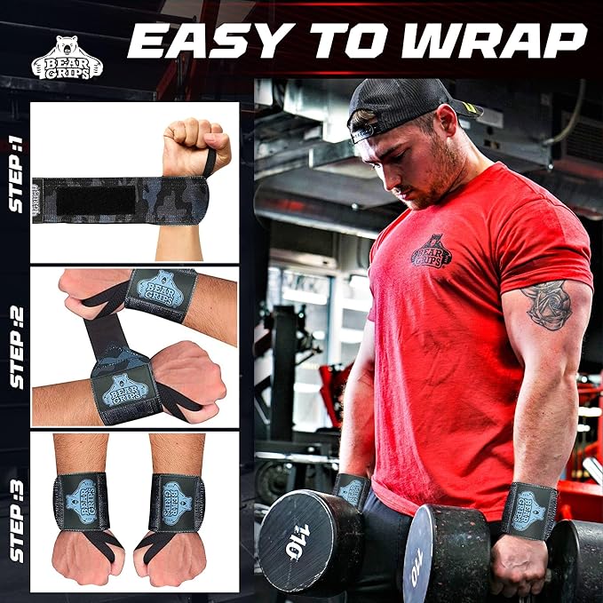Bear Grips Wrist Wraps for Weightlifting | Weight Lifting Wrist Straps for Weightlifting | Extra Strength Gym Wrist Wraps | Two Wrist Wrap Per Pack | 12” & 18” | Lifting Wrist Wraps for Men & Women