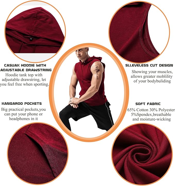 Babioboa Men's Workout Hooded Tank Tops Sleeveless Gym Hoodies Bodybuilding Muscle Cut Off T-Shirts