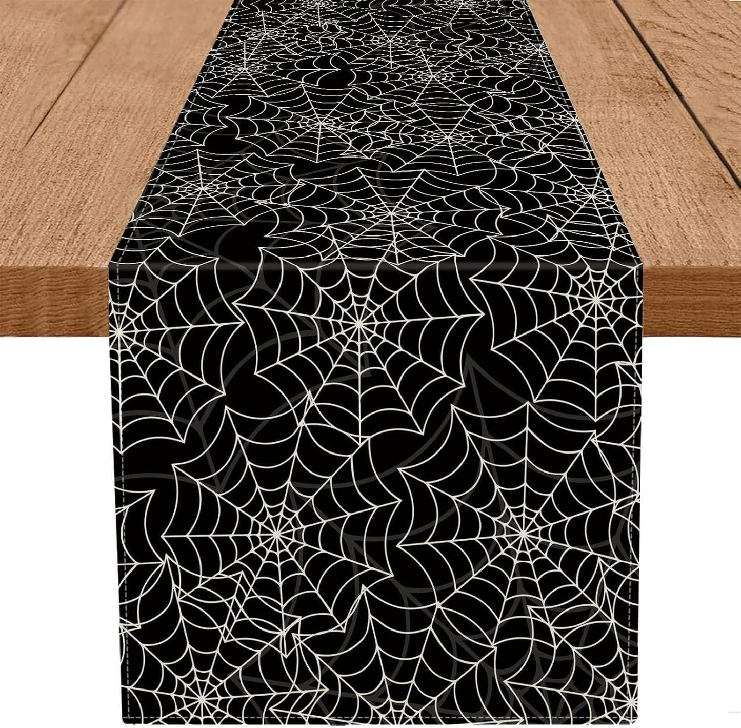 Halloween Table Runner Spider Web Black Linen Table Runners for Seasonal Holidays Indoor Outdoor Kitchen Dining Party Home Decor 13 x 108 Inch