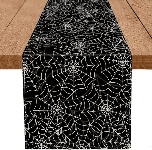 Halloween Table Runner Spider Web Black Linen Table Runners for Seasonal Holidays Indoor Outdoor Kitchen Dining Party Home Decor 13 x 90 Inch