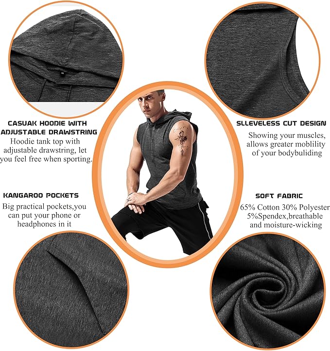 Babioboa Men's Workout Hooded Tank Tops Sleeveless Gym Hoodies Bodybuilding Muscle Cut Off T-Shirts