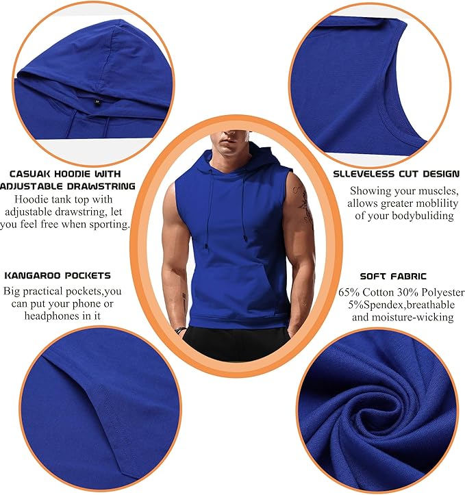 Babioboa Men's Workout Hooded Tank Tops Sleeveless Gym Hoodies Bodybuilding Muscle Cut Off T-Shirts