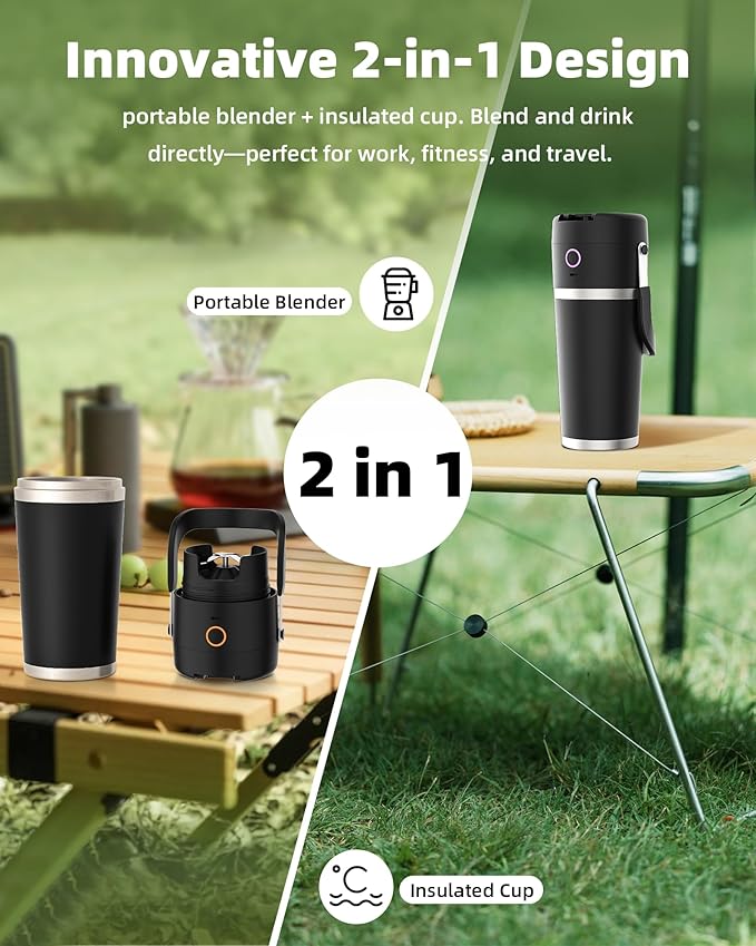 Portable Blender with Insulated Cup, Personal Blender for Smoothies, 11.1V high-torque Motor, LED Display, Stainless Steel Cup, Keep Cold 24 Hours, Self-cleaning, USB-C Rechargeable, 20 oz, Travel Lid