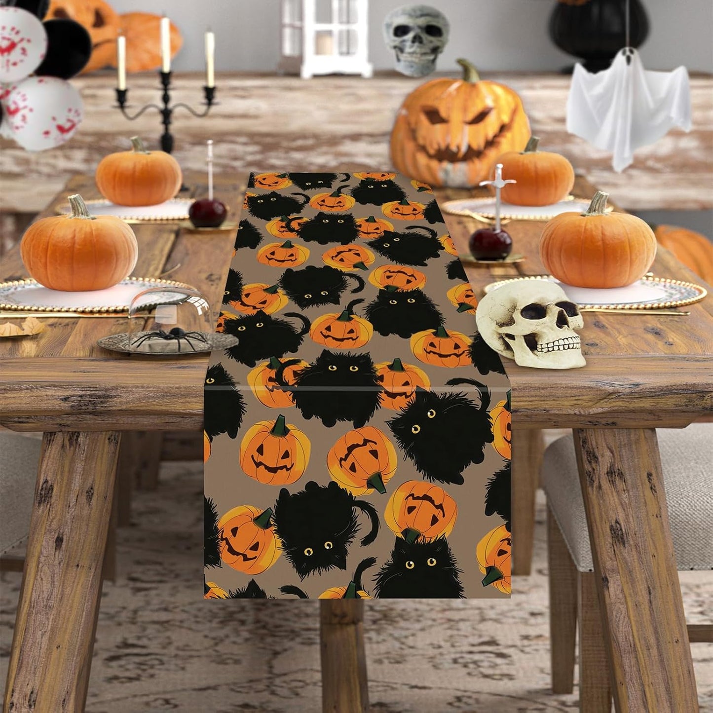 Halloween Table Runner Black Cat Pumpkins Seasonal Kitchen Dining Table Home Outdoor Party Decorations 13x90 Inch
