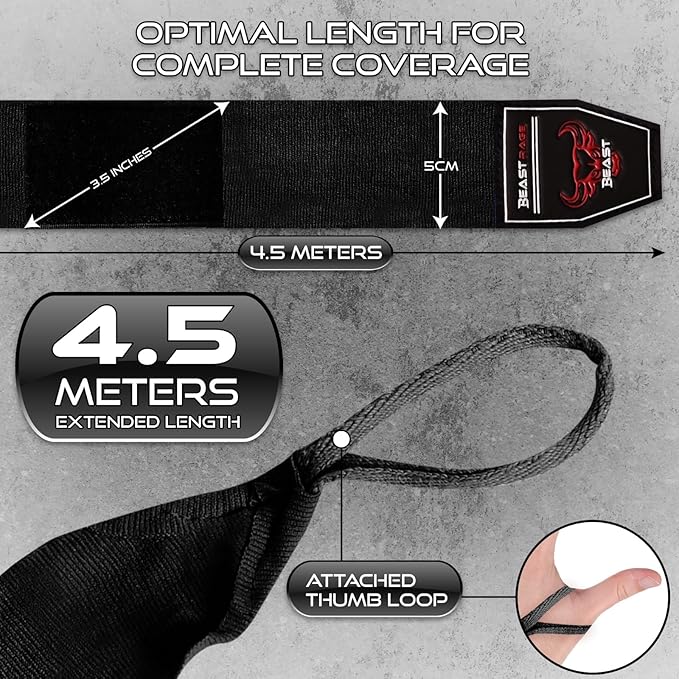 BEAST RAGE Boxing Hand Wraps 4.5 Meter Martial Arts Bandages Inner Gloves Wrist Support Straps Punching Under Hand Knuckles Heavy Elasticated Training Bag Mitts Muay Thai