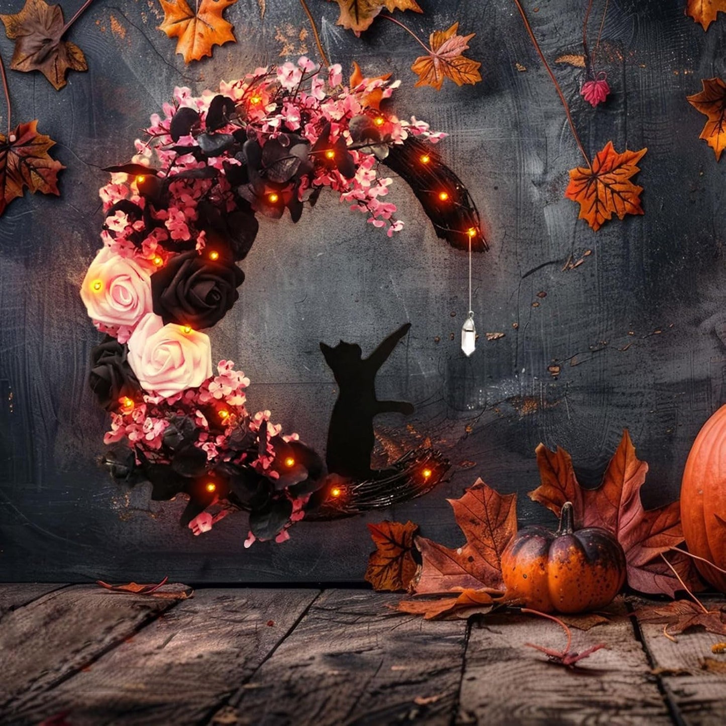 Halloween Wreaths for Front Door with Lights, Black Cat on Moon Garland with Rose Wreath Decor, Halloween Decorations Crescent Moon Wreath for Home Party Window Wall Indoor Outdoor (pink moon cat)