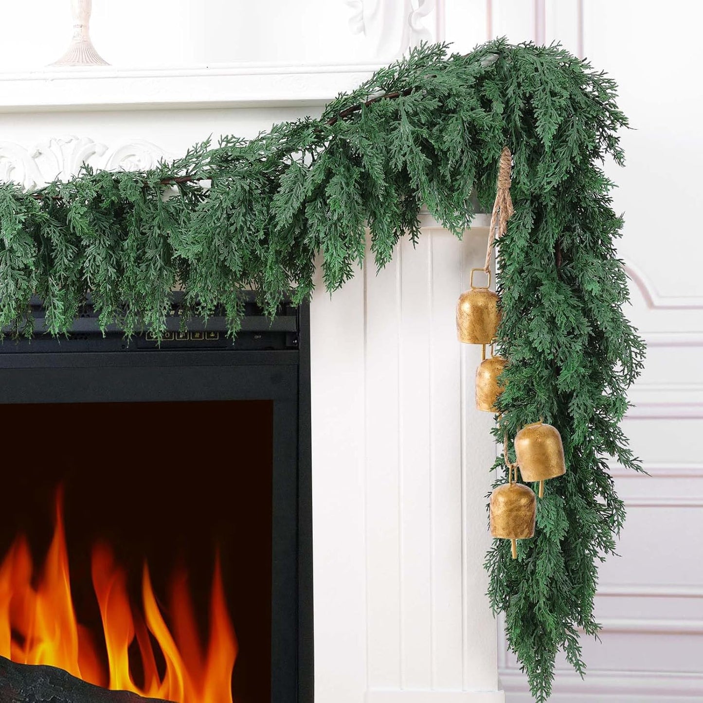Hananona 9 FT Artificial Cedar Garlands, 2 Pcs Real Touch Winter Cedar Pine Garland, Green Artificial Greenery Garland for Table, Mantle, Wall, Indoor, Outdoor Christmas Decorations (2, 9 FT)