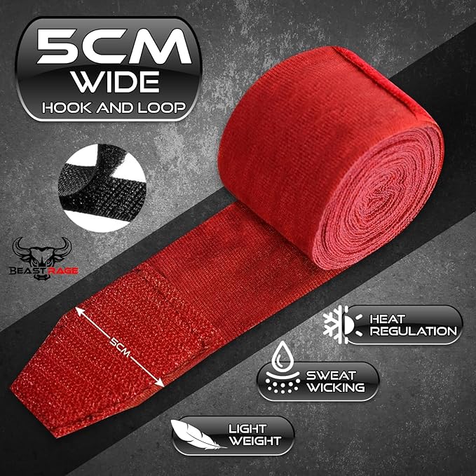 BEAST RAGE Boxing Hand Wraps 4.5 Meter Martial Arts Bandages Inner Gloves Wrist Support Straps Punching Under Hand Knuckles Heavy Elasticated Training Bag Mitts Muay Thai