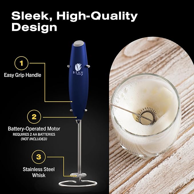 Bean Envy Milk Frother Handheld for Coffee - Electric Hand Blender, Mini Drink Mixer Whisk & Coffee Foamer Wand with Stand for Lattes, Cappuccino, Matcha and Hot Chocolate - Kitchen Gifts - Blue