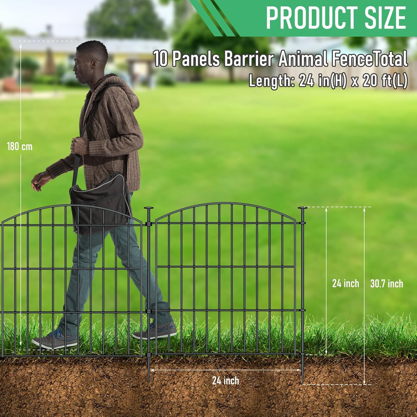 10 Panels Garden Fence Dog Fence Outdoor for Yard, 24in H x 20ft L Rustproof Metal Fencing with Ground Stakes | No Dig Animal Proof Containment for Pets/Rabbits | Durable Patio Security Panels