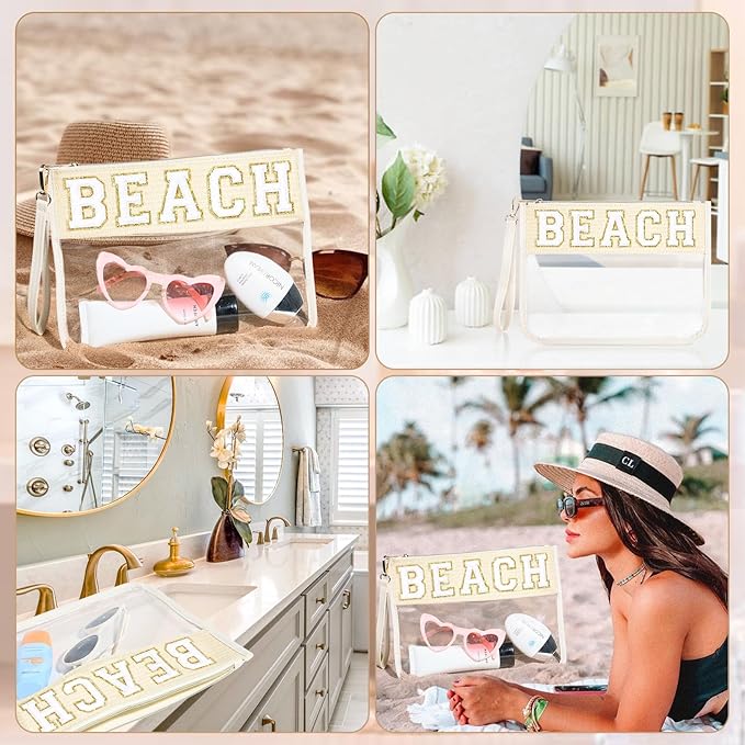 BEACH Bag BEACH Sunscreen Makeup Bag Chenille Letter Pouch Clear Travel Zipper Nylon Cosmetic Pouch Organizer Sunscreen Toiletry Bag Waterproof Summer Travel Gifts for Women