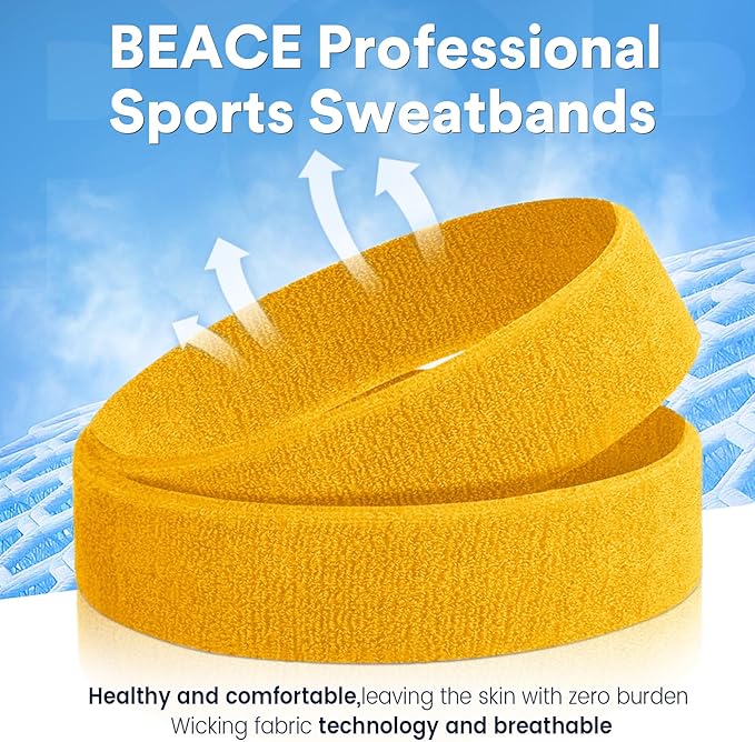 BEACE Sweatbands Sports Headband for Men & Women - Moisture Wicking Athletic Cotton Terry Cloth Sweatband for Tennis, Basketball, Running, Gym, Working Out